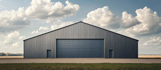 Obraz premium Industrial metal building against a clear sky with fluffy clouds, showcasing a prominent gray facade and large open entrance on the front.