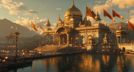 Golden temple, sunset, mountains, celebration, India, reflection,  water, people, flags, illustration