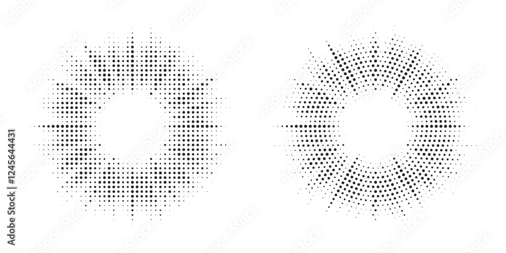 Poster Halftone circle frame background set. Round border Icon using halftone random circle. Grunge circular stain. Vector illustration.
