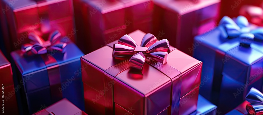 Poster glossy red and blue gift boxes stacked in a creative tower formation illuminated by soft lighting sh