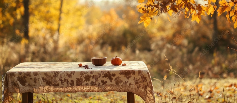 Poster inviting autumn scene with a wooden table adorned with a tablecloth, set against golden foliage and 