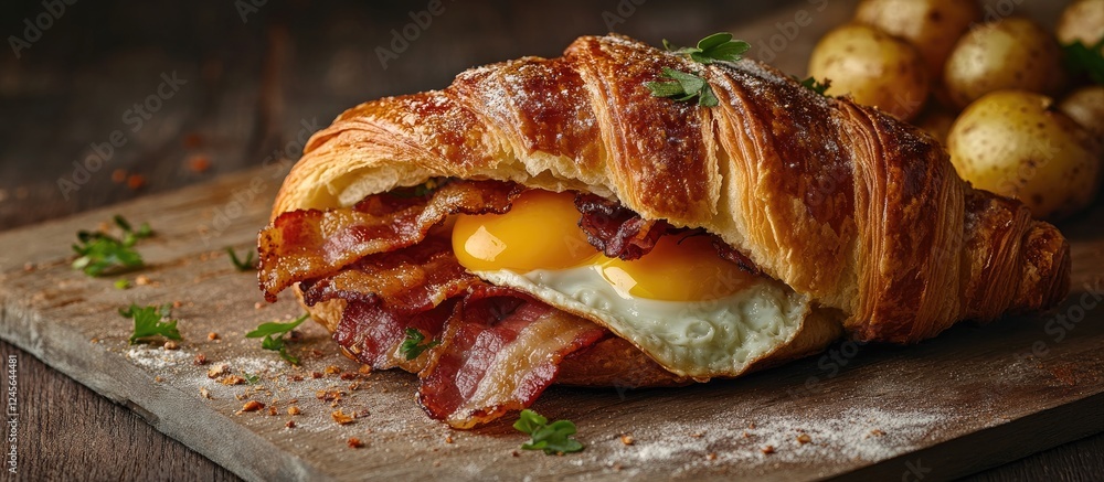 Poster crispy bacon and fried egg on a golden croissant with seasoned potatoes, garnished with parsley, set