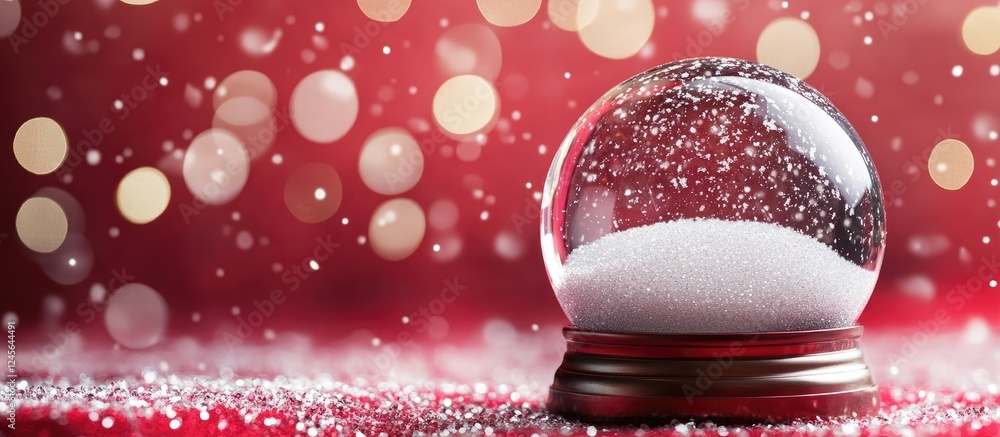 Poster snow globe with falling snow on a red background, golden bokeh lights creating a festive atmosphere,