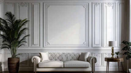 Elegant Living Room Interior Design: Classic Paneling, Luxurious Sofa, and Modern Decor