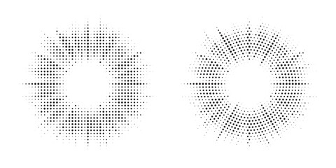 Halftone circle frame background set. Round border Icon using halftone random circle. Grunge circular stain. Vector illustration.