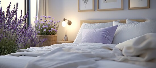 Cozy bedroom featuring a soft bed with white and lavender pillows, adorned with blooming lavender plants in natural light for a serene atmosphere.