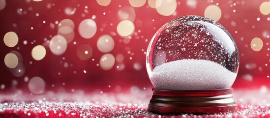 Snow globe with falling snow on a red background, golden bokeh lights creating a festive atmosphere, detailed wooden base positioned to the right.