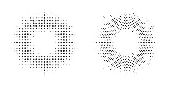 Halftone circle frame background set. Round border Icon using halftone random circle. Grunge circular stain. Vector illustration.
