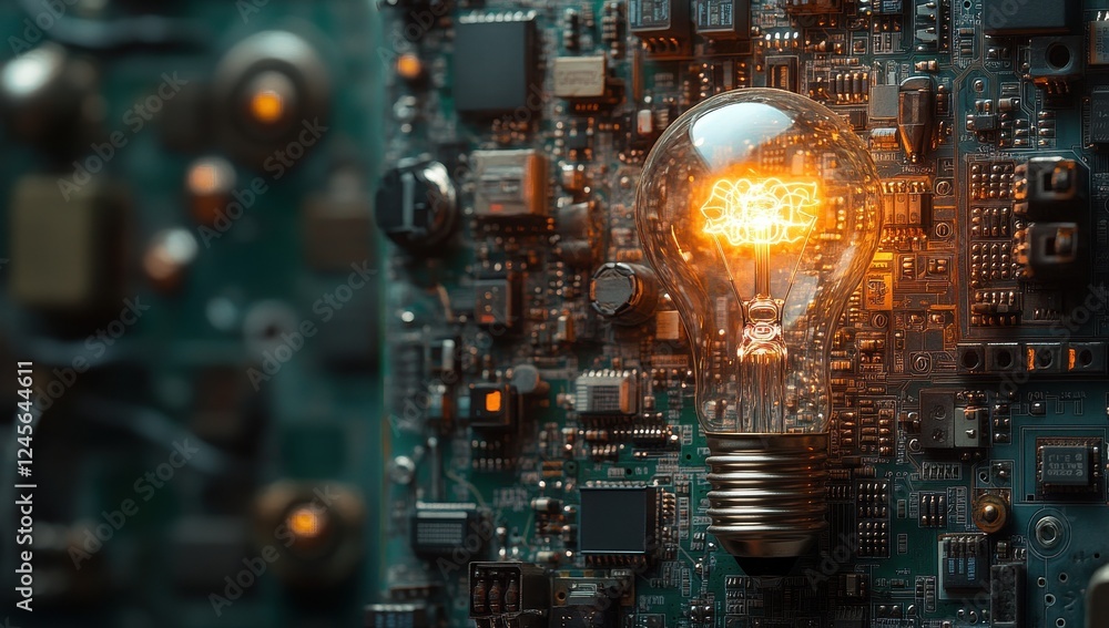 Poster light bulb illuminating circuit board with electronics and components, concept of technology, innova