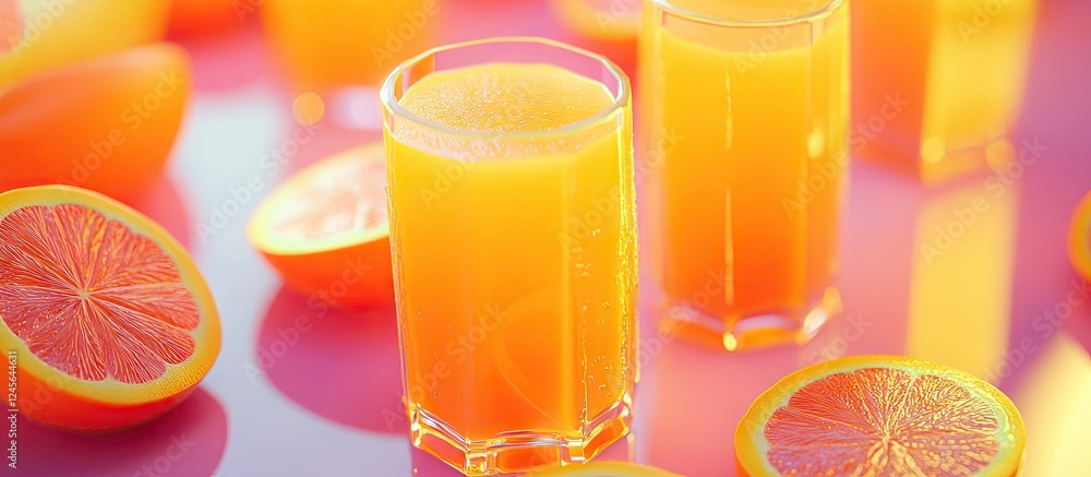 Poster Vibrant orange juice in clear glasses with whole and sliced oranges on a reflective pink background creating a fresh and colorful drink display