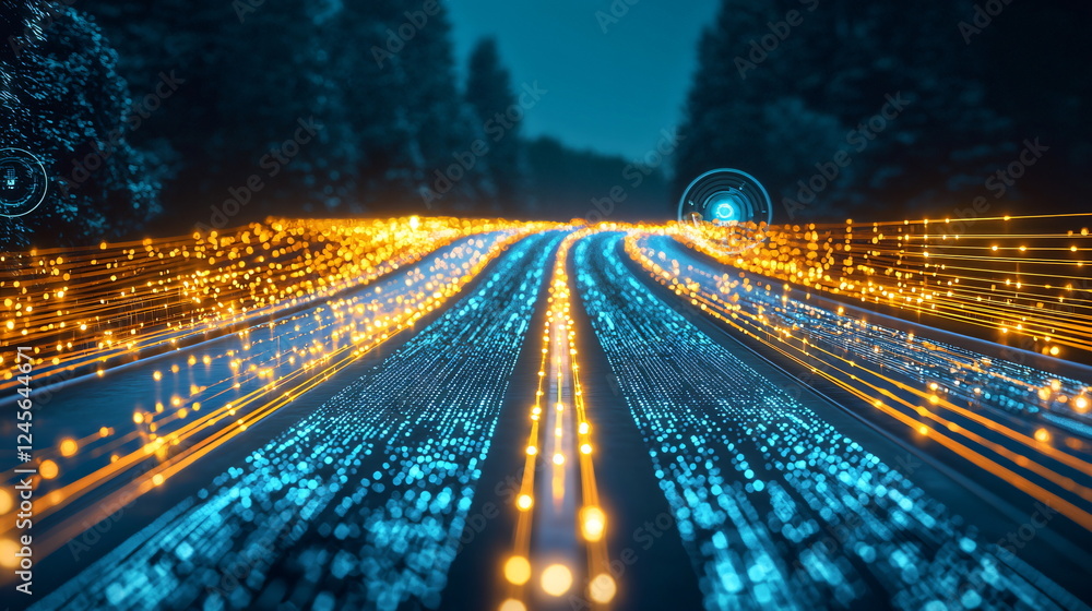 Aufkleber digital highway with glowing lines of blue and orange lights converging into the distance surrounded