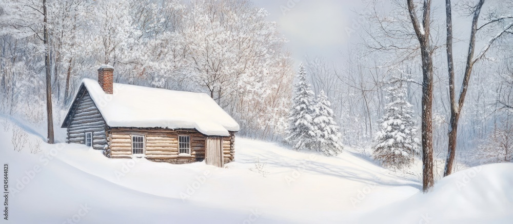 Poster Log cabin covered in thick white snow with serene trees in the background creating a peaceful winter landscape scene in soft muted colors