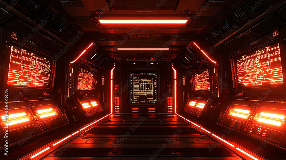 Poster futuristic corridor illuminated by red lights, featuring advanced display screens and sleek metallic