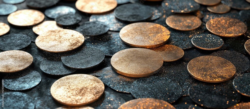 Fototapete Sparkling gold and black overlapping circles create a mesmerizing visual on a dark background emphasizing depth and shimmer in a stunning composition