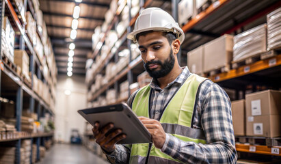 Warehouse manager South Asian Man tablet check inventory shelves Industrial lighting environment