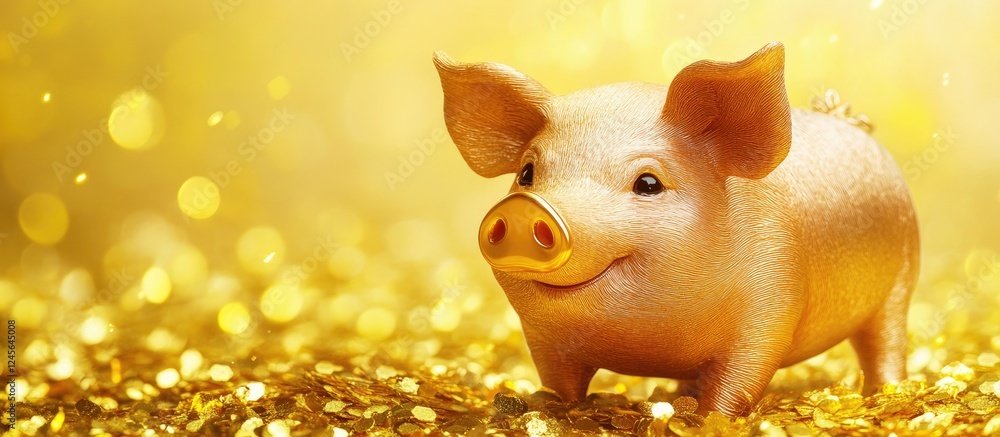 Aufkleber smiling pink pig on a glittering golden background with soft bokeh lights creating a cheerful and fe