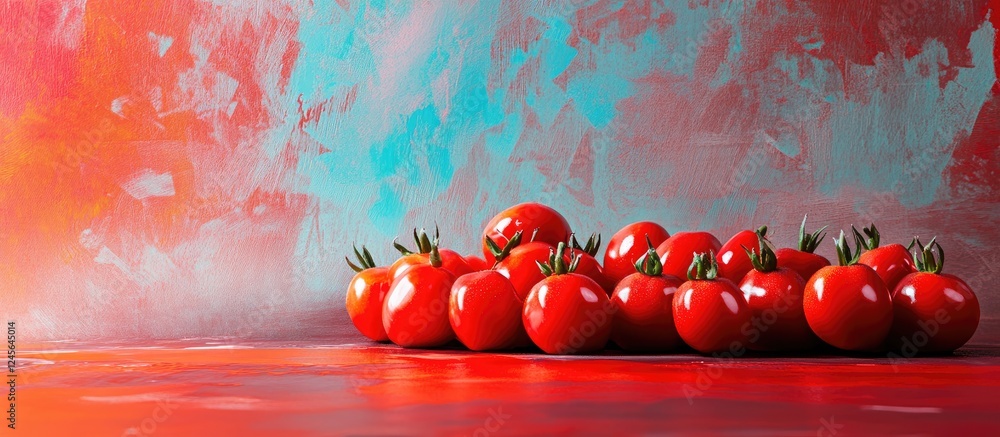 Poster vibrant arrangement of ripe red vine tomatoes on a smooth surface against a colorful abstract backgr