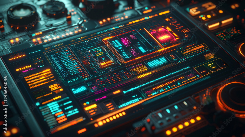 Poster futuristic digital interface glowing with neon colors and intricate circuitry layout, showcasing adv