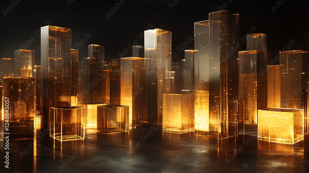 Poster transparent geometric shapes glowing with light on a dark background, creating a futuristic cityscap