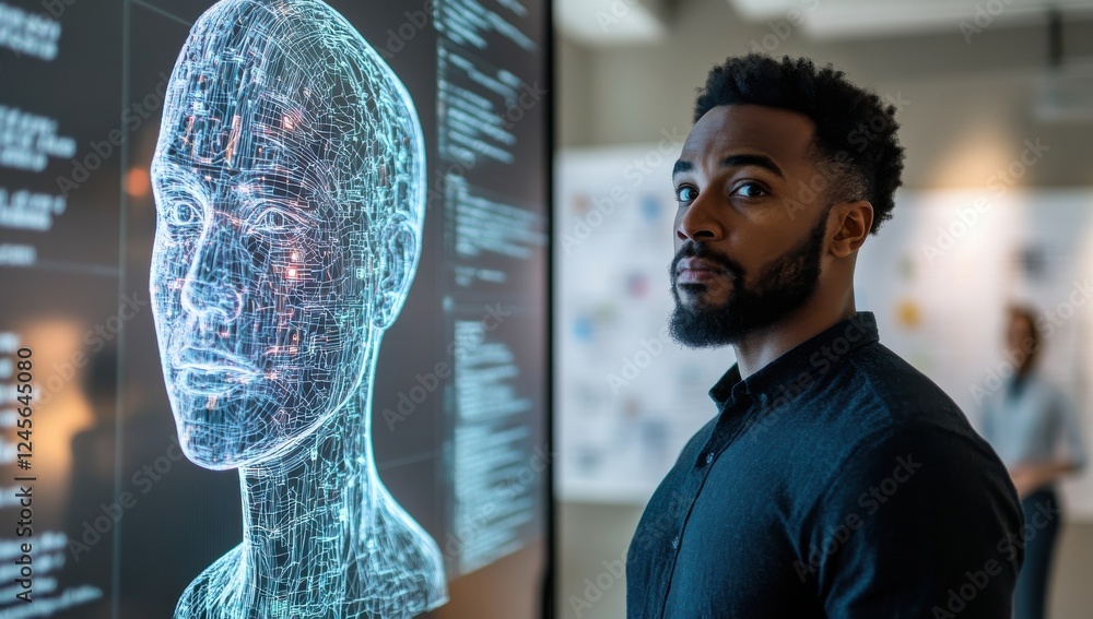 Poster man observing digital hologram of human face with intricate data points in modern technology environ