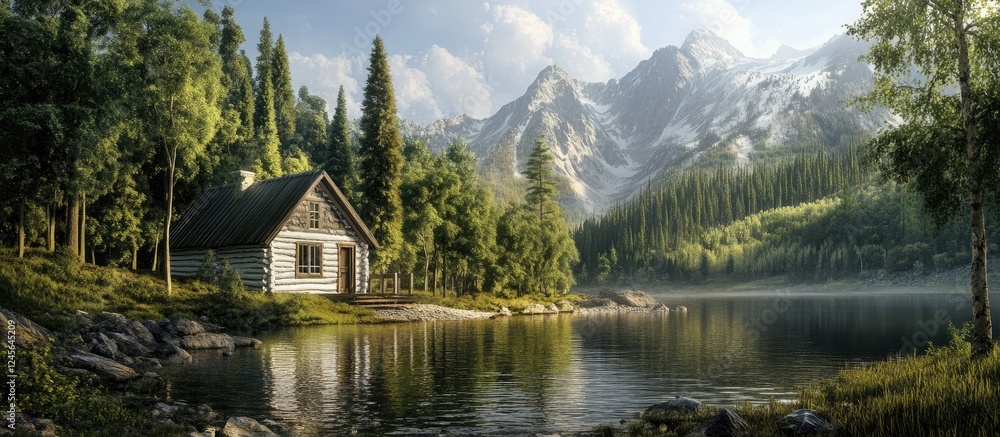 Poster serene log cabin by a tranquil lake surrounded by tall green trees and majestic mountains under soft