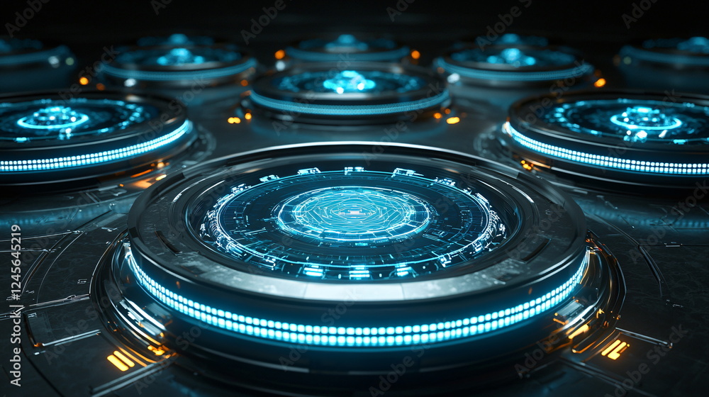 Aufkleber futuristic technology interfaces glowing in dark environment with circular displays and intricate de