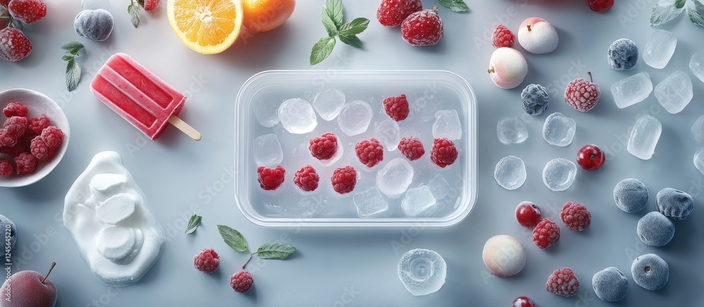 Poster colorful assortment of fresh fruits berries and popsicle molds on a light gray table top with ice cu