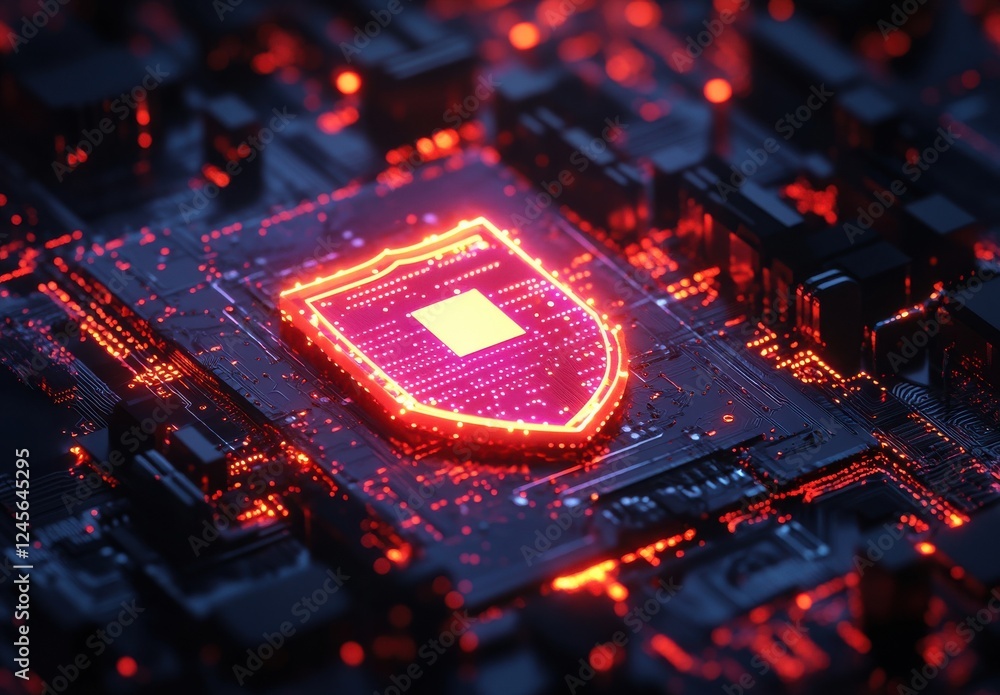Poster modern computer circuit board with digital shield symbol representing cybersecurity and data protect