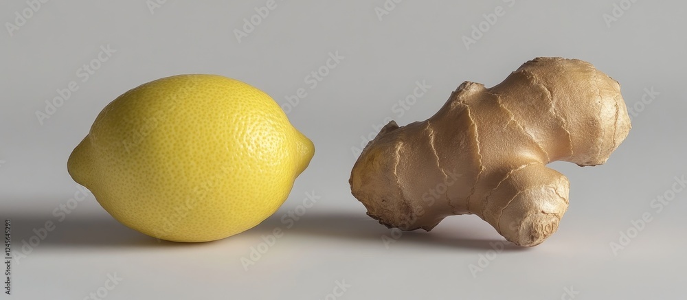 Poster Ginger root and lemon fruit displayed separately on a plain white background highlighting their distinctive textures and colors with bright yellow and earthy tones.