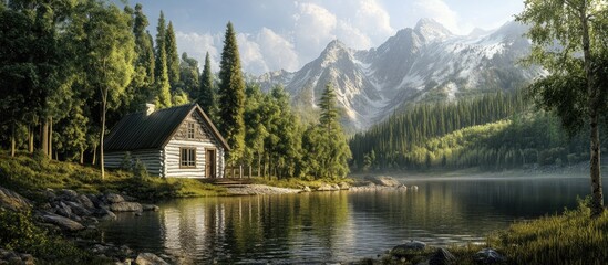 Fototapeta premium Serene log cabin by a tranquil lake surrounded by tall green trees and majestic mountains under soft natural light highlighting vibrant colors.