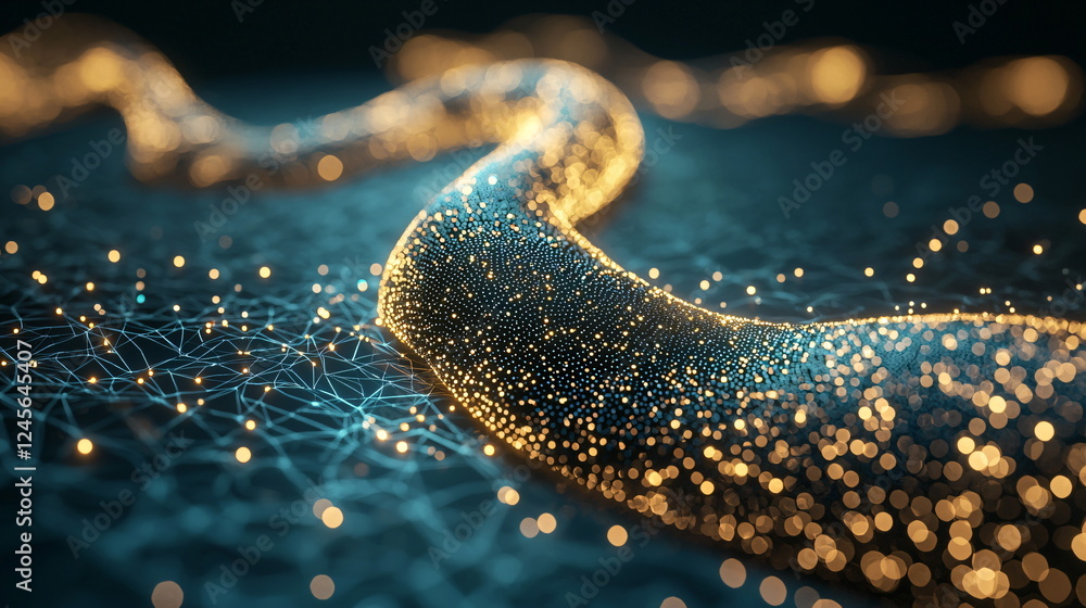 Aufkleber glowing river of particles flowing through a digital landscape filled with intricate connections, vi