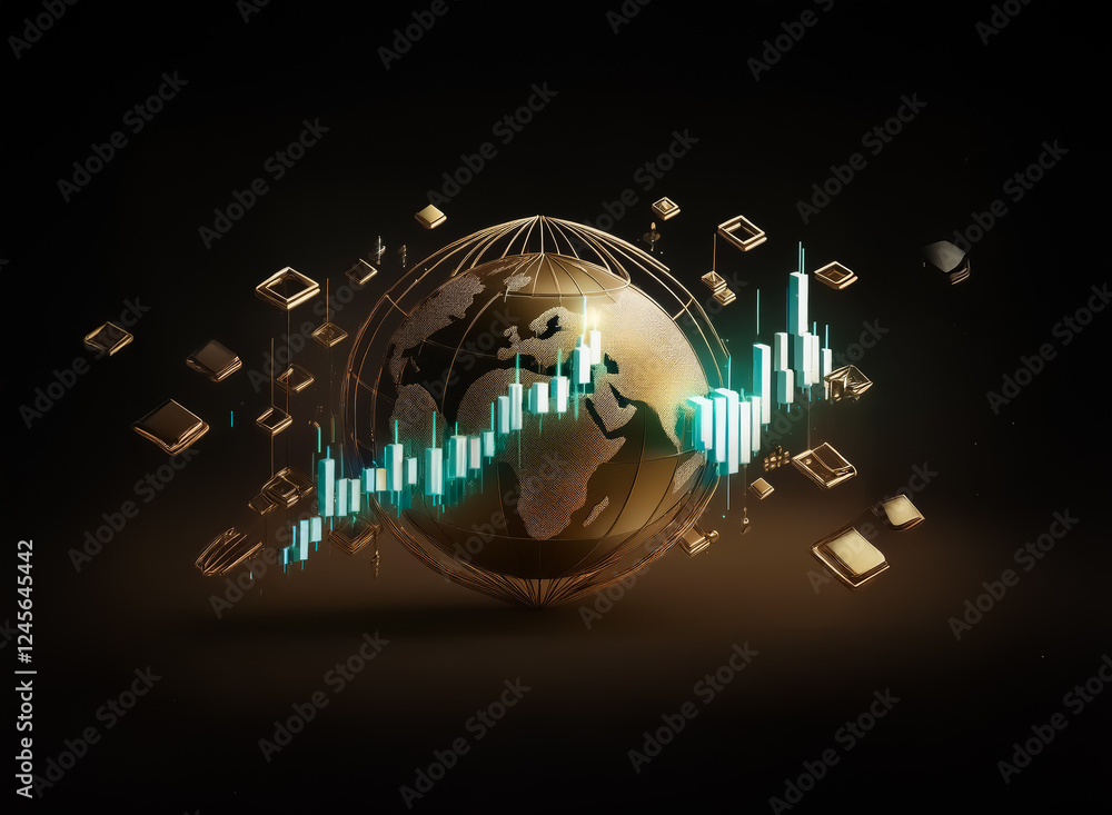 Poster golden globe with glowing green graph hovering above, surrounded by floating squares against a dark 