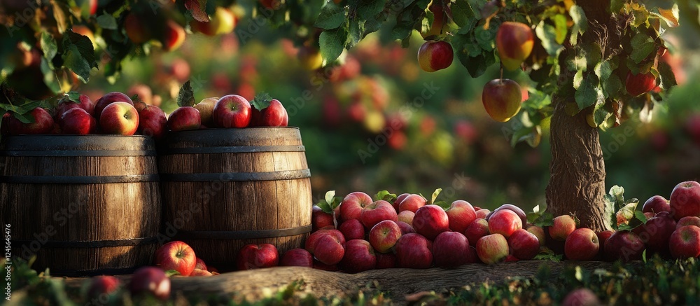 Poster vibrant red apples cluster under a lush tree in an orchard, beside rustic wooden cider barrels, show