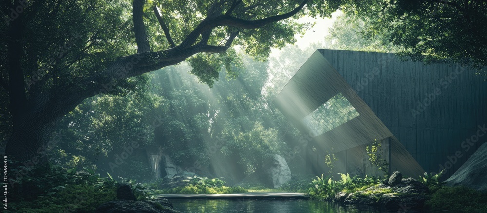 Leinwandbilder modern museum design blending glass and concrete in a lush green forest with soft sunlight filtering