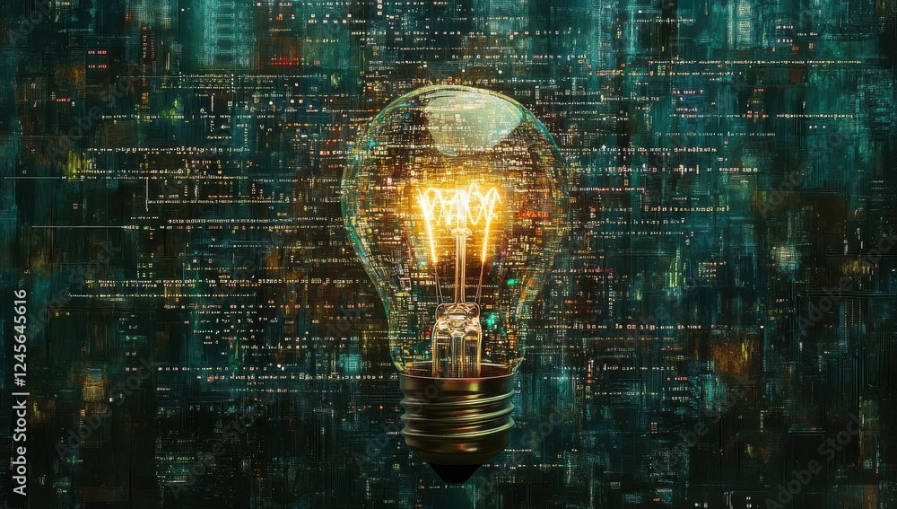 Poster modern light bulb with glowing filament against abstract background of data patterns and digital con