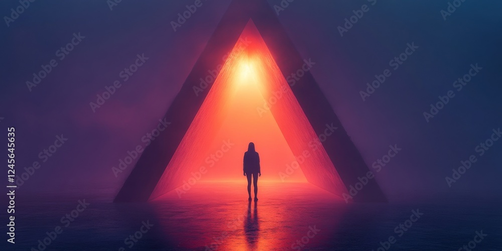 Aufkleber mysterious figure standing before an illuminated geometric structure in a misty environment, evoking