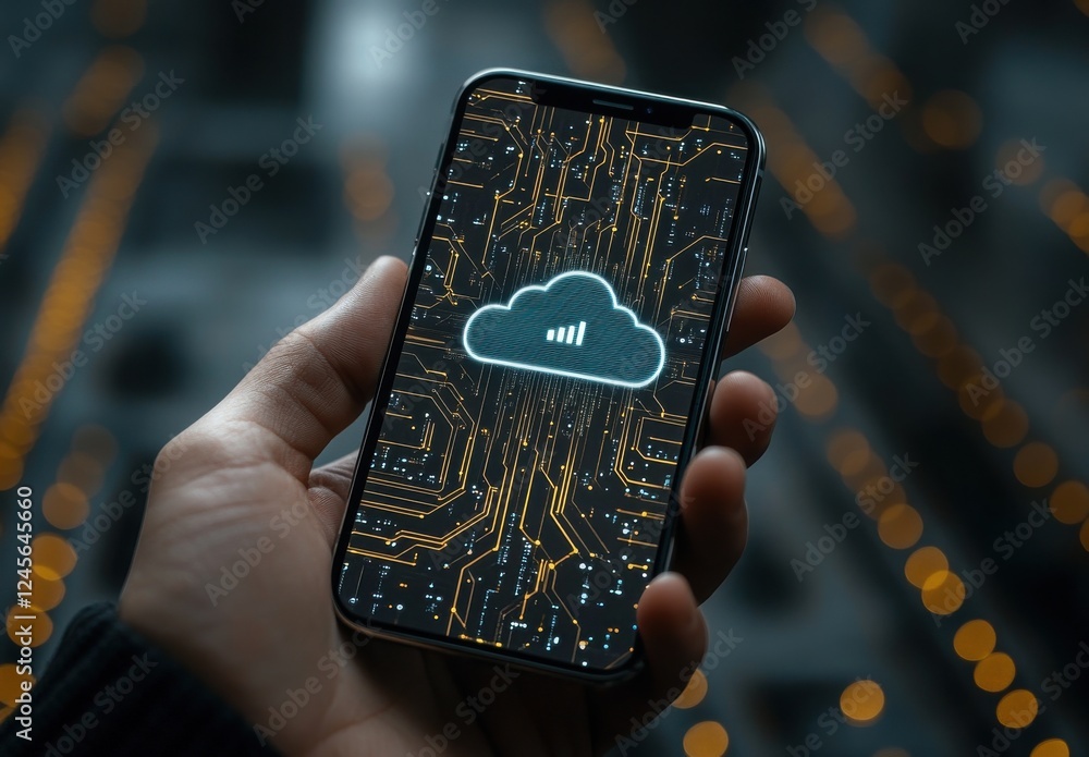 Poster modern smartphone displaying cloud technology with circuit board design and connectivity symbols in 