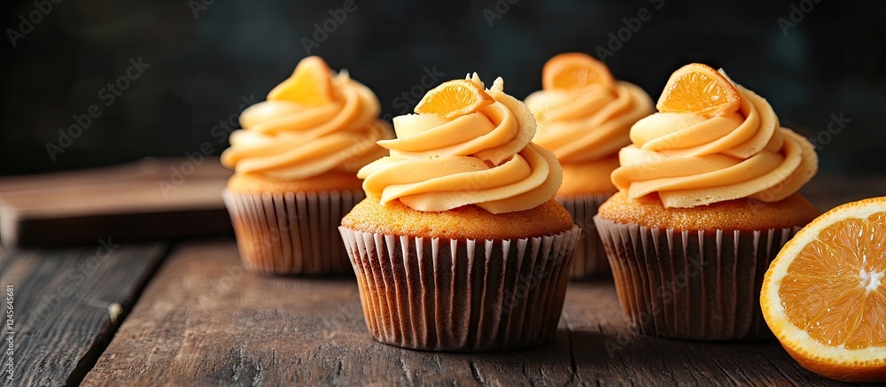 Poster orange flavored cupcakes with swirls of orange frosting on a dark wooden table, garnished with orang