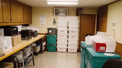 A well-lit garage with organized storage bins and labeled donation boxes.