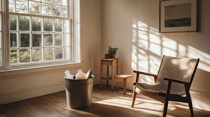 A well-lit living room with a cleaning bucket filled with essential supplies.