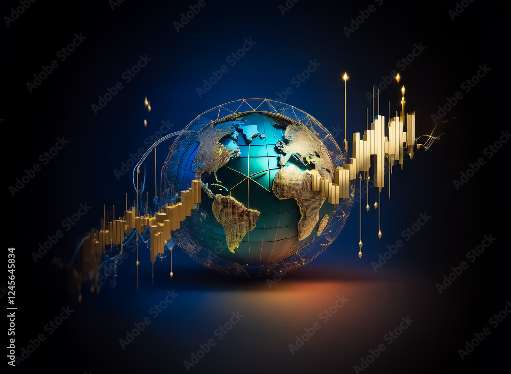 Poster a stylized globe with a golden upward trending graph encircles it, representing global growth and in
