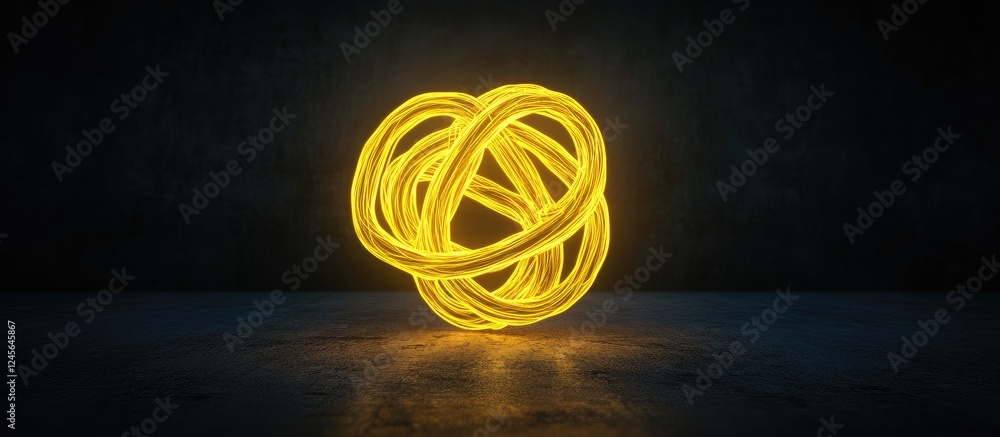 Fototapete Vibrant glowing mustard yellow neon abstract icon on dark textured background creating a striking visual impact with intricate illuminated curves