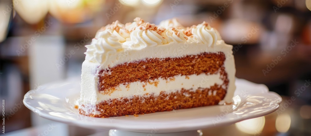 Poster close-up of moist carrot cake layered with cream and topped with whipped cream, featuring almond flo