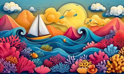 Fototapeta premium Sailboat on ocean waves, coral reef, sunset, paper art style, summer vacation