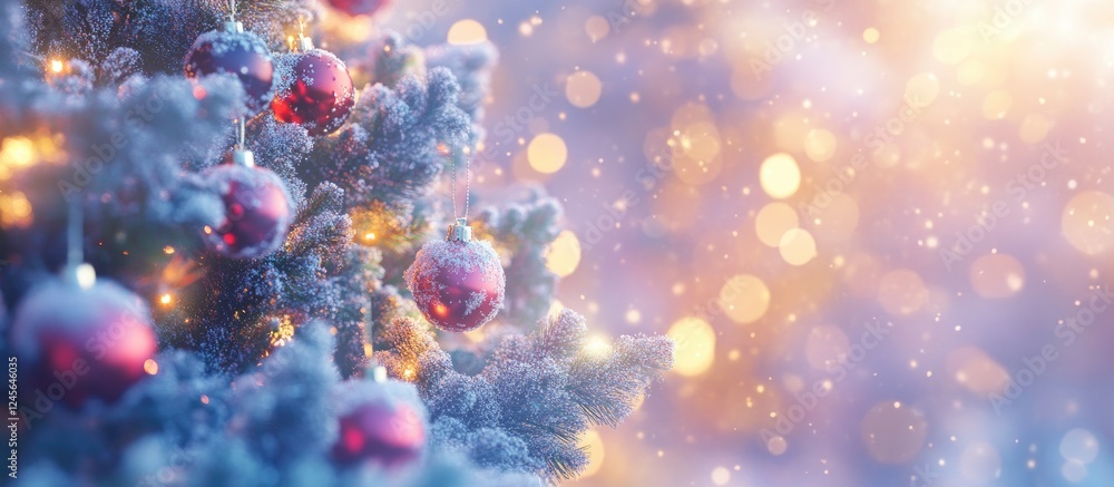 Poster Vibrant baubles on a snow-covered Christmas tree with a soft bokeh background and falling snowflakes creating a magical winter scene