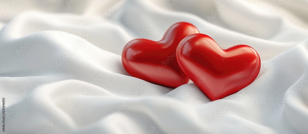 Poster two glossy red hearts placed close together on soft white satin fabric creating a romantic and intim