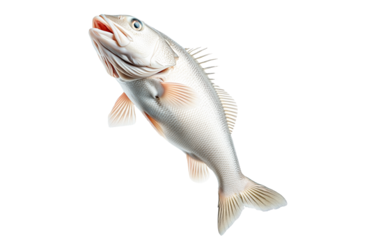 White fish with cod detailed scales, open mouth, and fins isolated on white transparent background, concept of marine wildlife.