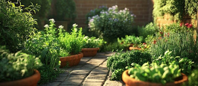 Vibrant kitchen garden with lush green herbs and vegetables in terracotta pots lining a stone pathway, showcasing abundance and culinary potential.
