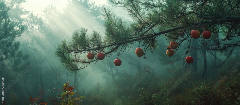 Poster misty pine forest scene with fog and soft light filtering through branches laden with red and yellow