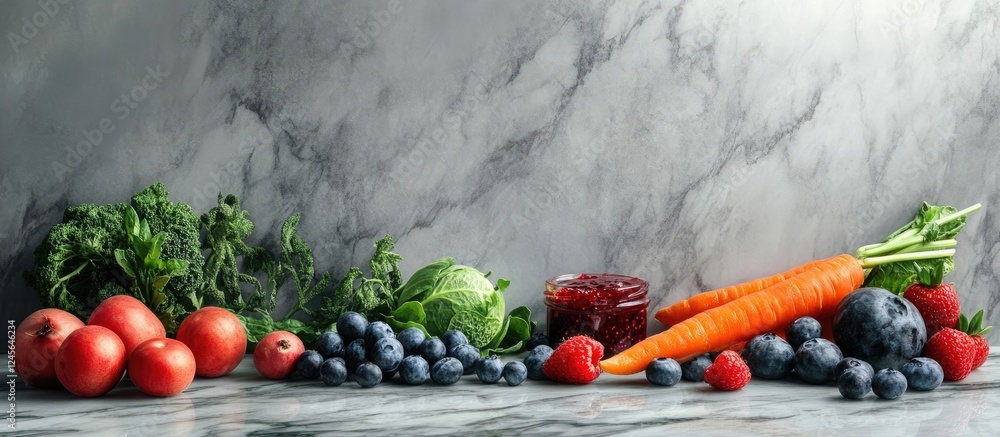 Poster fresh vegetables including tomatoes and carrots alongside homemade raspberry jam and blueberries arr